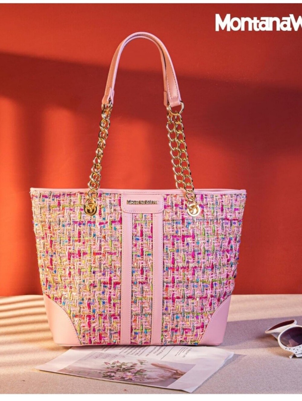 Montana West Pink Multicolor Tweed Tote with Gold Chain Straps- Fast Shipping!! - Picture 2 of 8